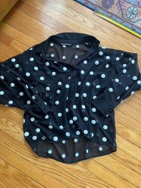 Zara Textured Polka Dot Pom Pom Button Down Blouse White/Black SZ LARGE